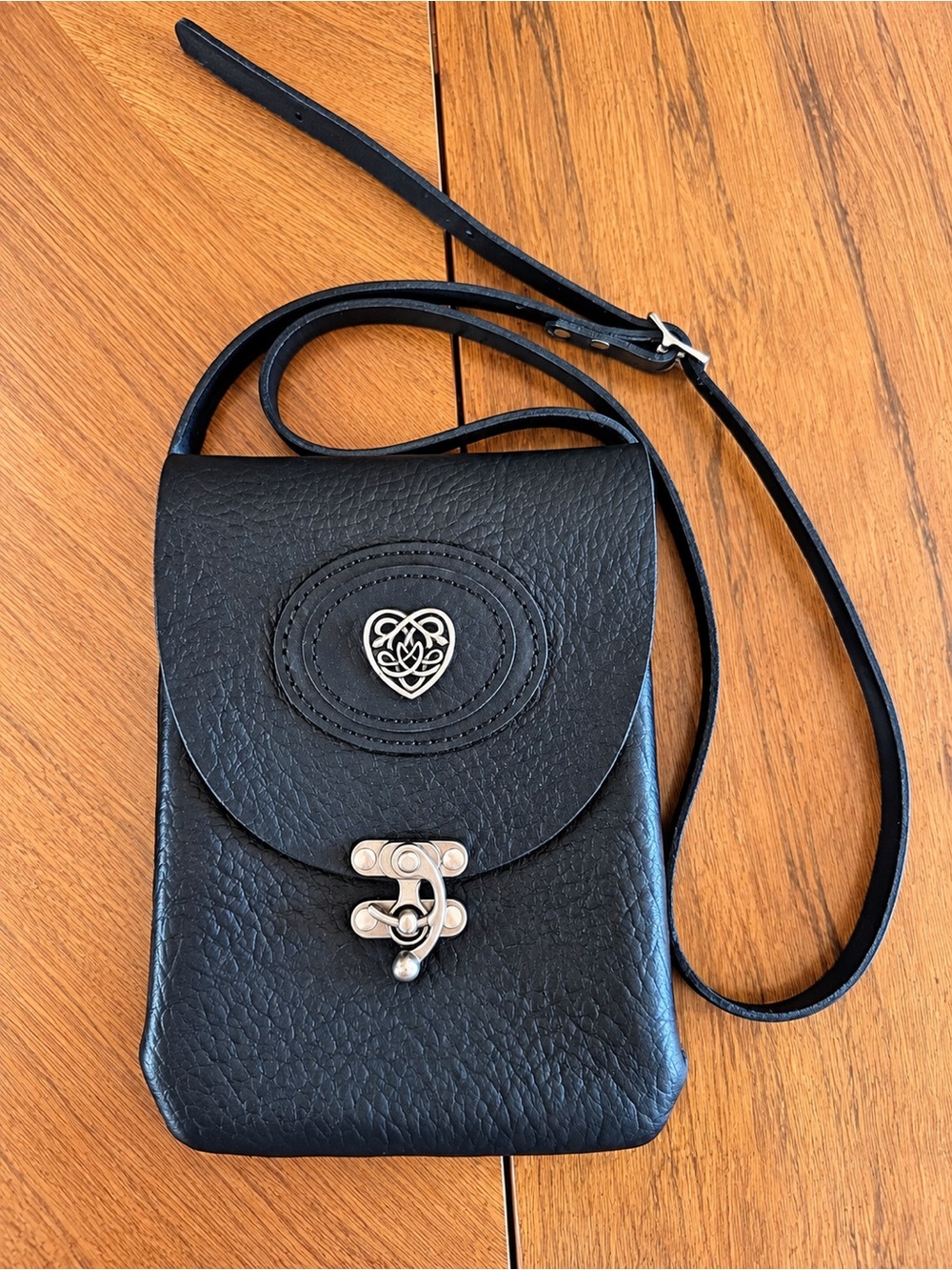 Black Leather-Look Crossbody Bag Heart Hardware Small Boho Purse